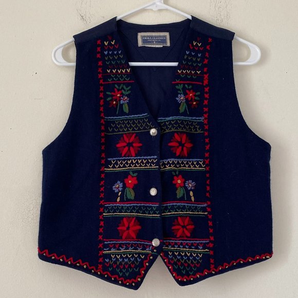 Vintage Embroidered Folk Art Vest Navy Blue Wool Button Up Vest - Picture 8 of 14
